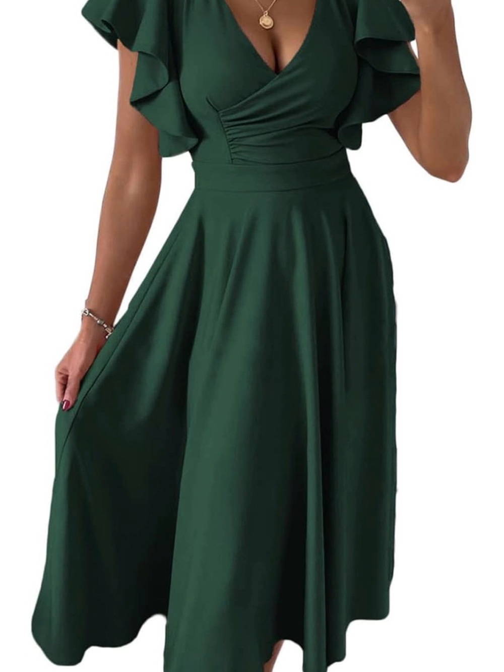 V-Neck Ruffle Sleeve Midi Dress in Deep Green - Women